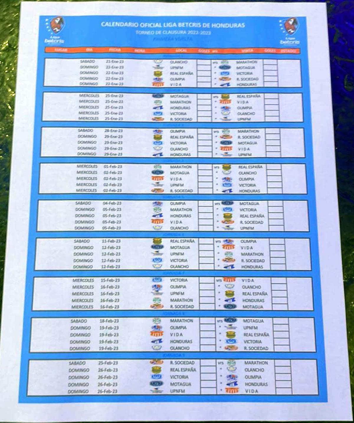 El calendario completo del Torneo Clausura 2023 de la Liga Nacional de Honduras.