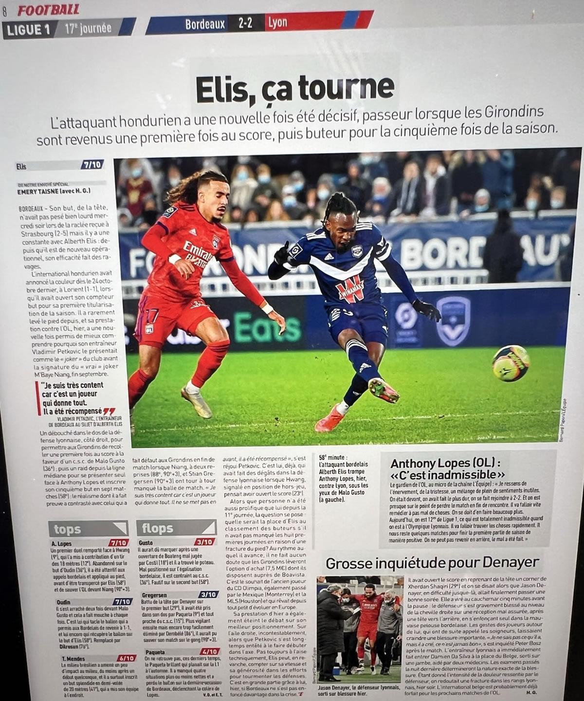 El diario L‘Équipe dedicó una página entera a Alberth Elis y su buen momento en la Liga francesa.