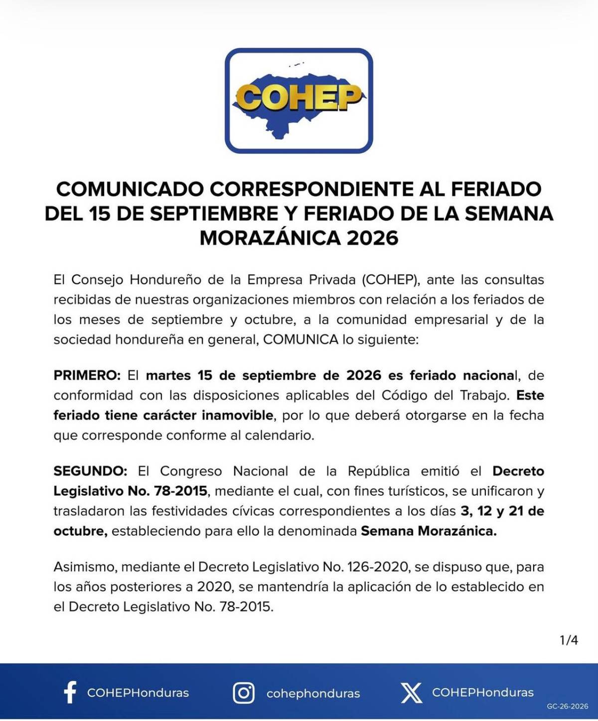 Estas son las fechas de los próximos feriados de septiembre y la Semana Morazánica