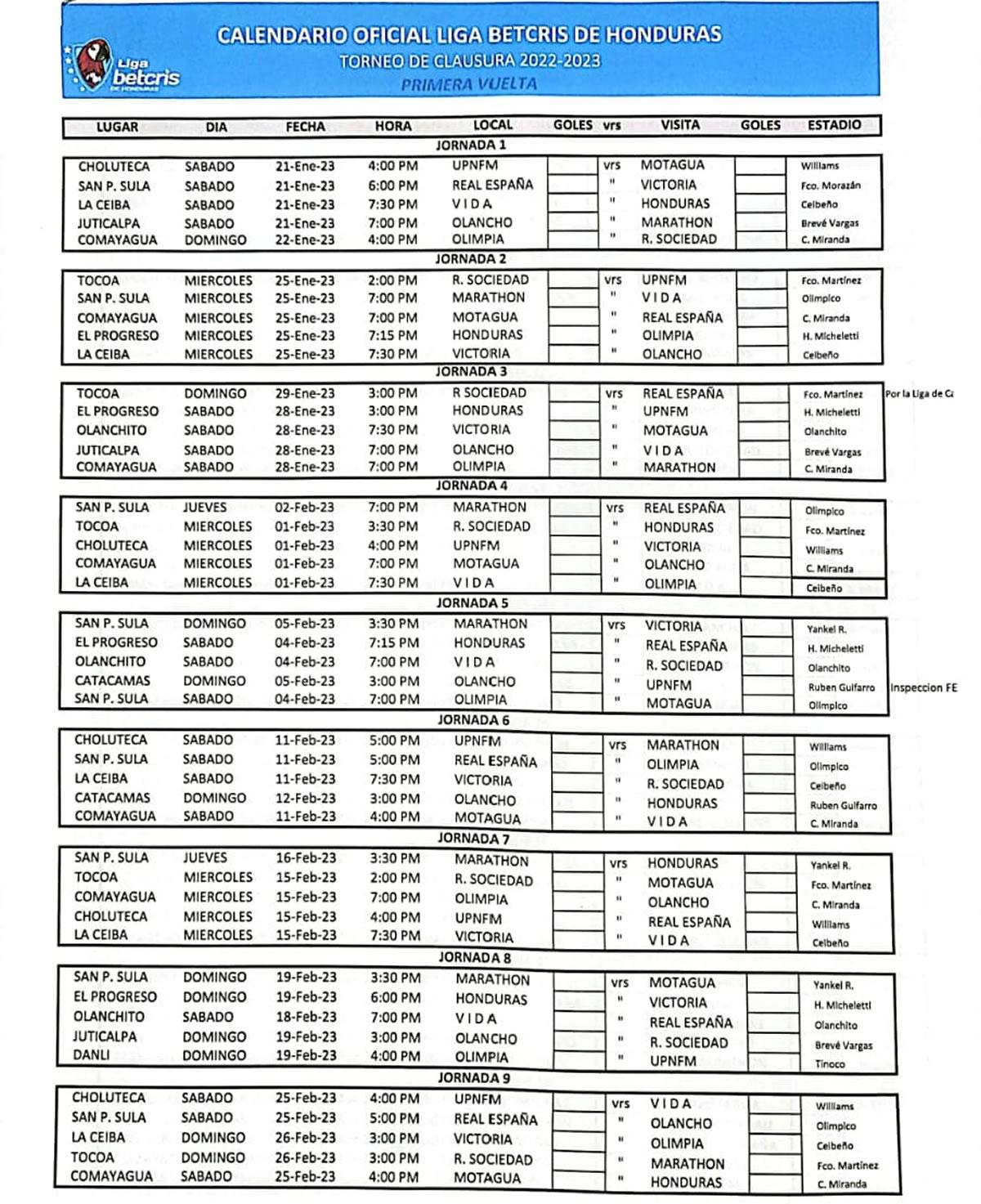 Confirman días y horarios de la primera jornada del Clausura 2023