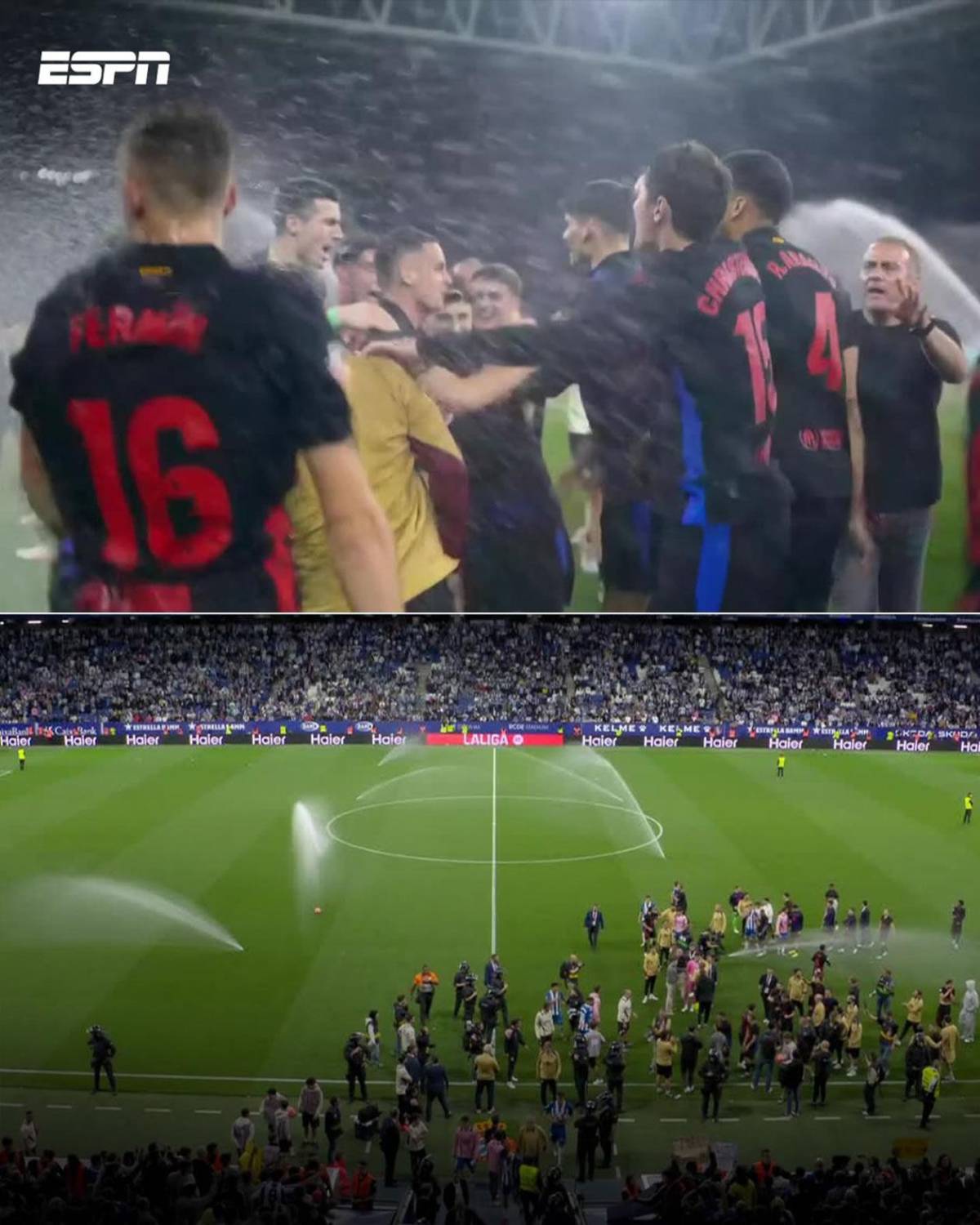 Barcelona campeón festeja, Espanyol encendió aspersores, bronca y la orden de Flick