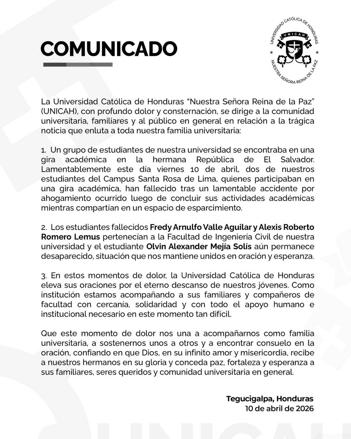 Dos universitarios hondureños mueren ahogados y uno está desaparecido en El Salvador