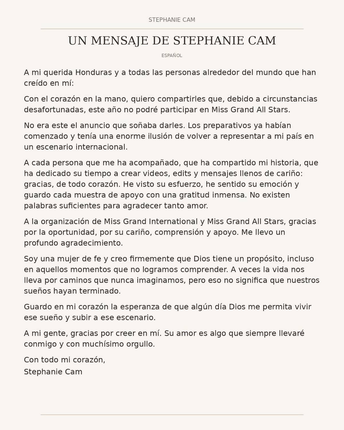 Stephanie Cam anuncia que no participará en Miss Grand All Stars
