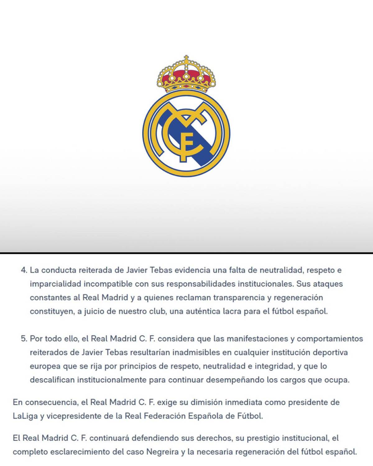 Real Madrid en guerra con Javier Tebas: pide su dimisión y el presidente de LaLiga responde