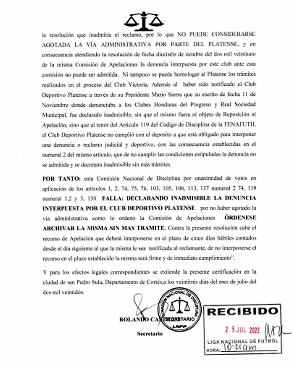 El fallo de la Comisión Nacional de Disciplina.