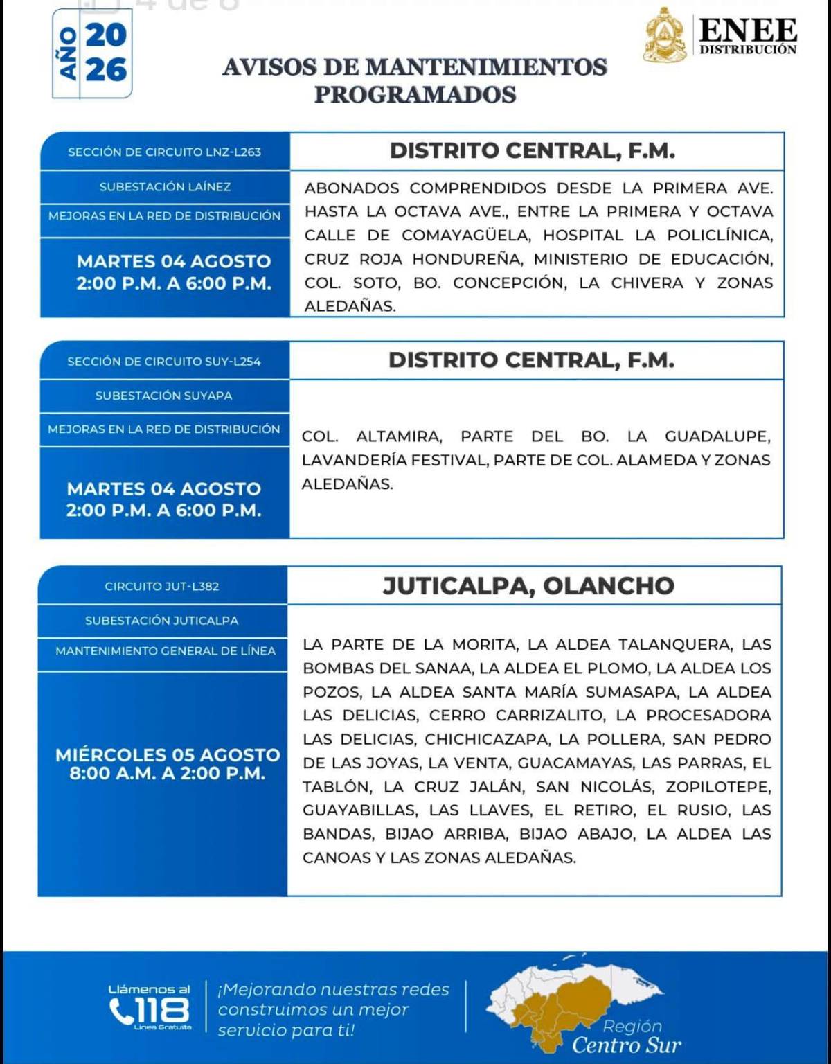 Cortes de energía en Honduras este martes 4 de agosto: lista de zonas afectadas