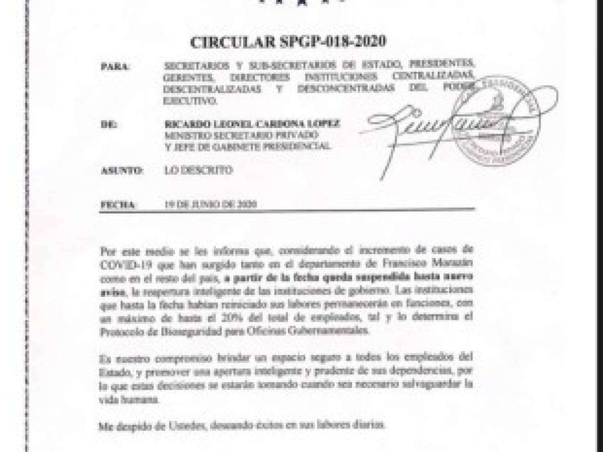 Honduras suspende reapertura inteligente en las instituciones de Gobierno
