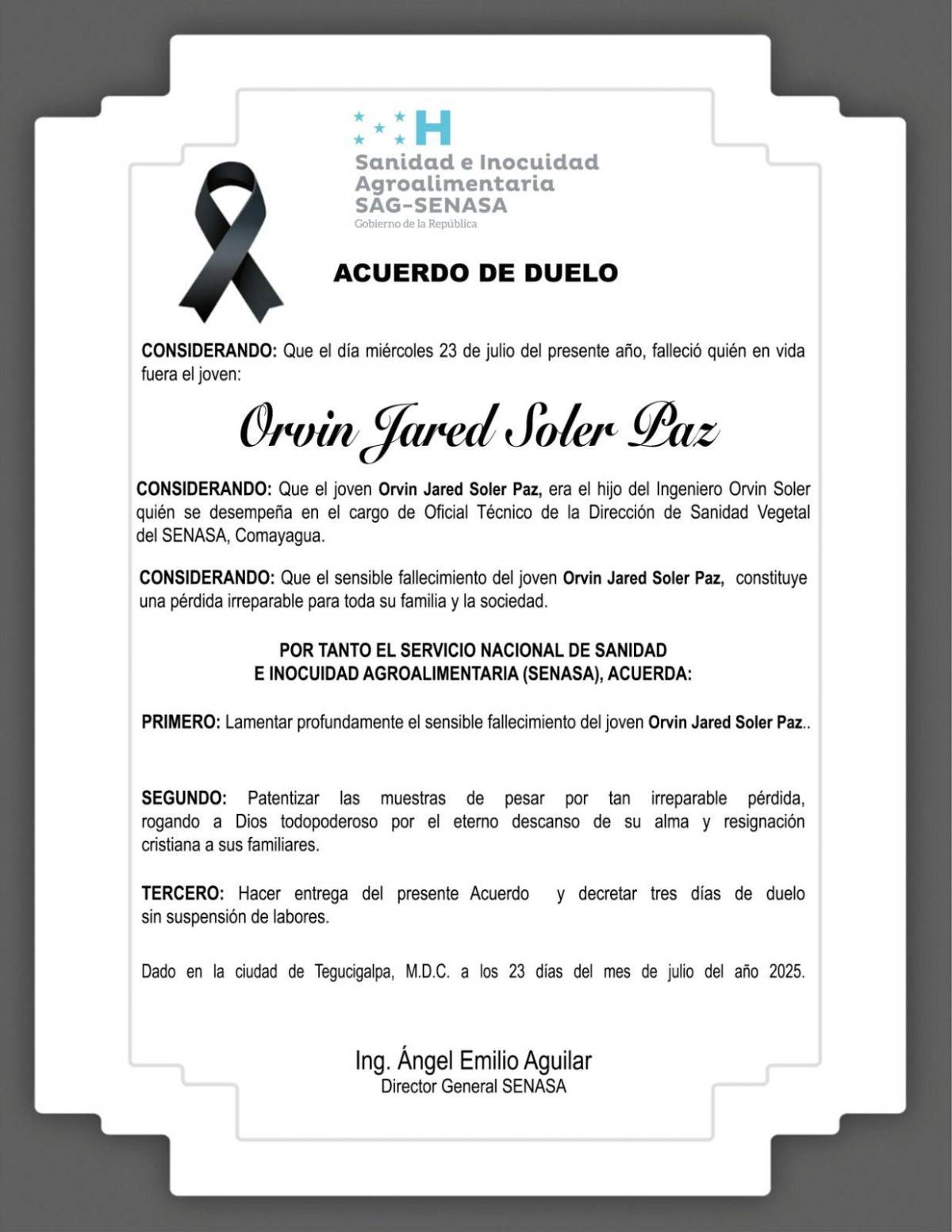 Muere hijo de reconocido funcionario tras asalto frustrado en Comayagua