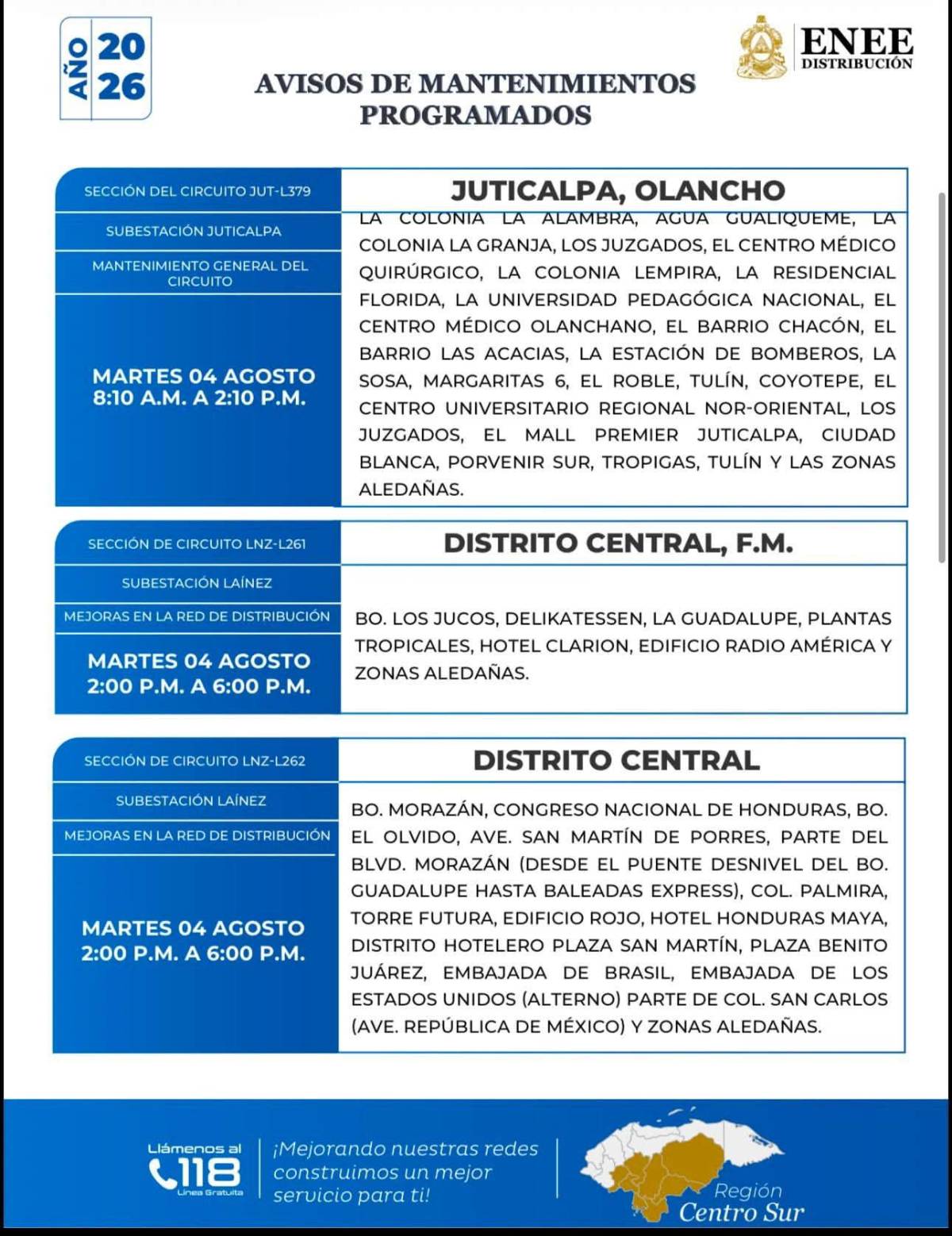 Cortes de energía en Honduras este martes 4 de agosto: lista de zonas afectadas
