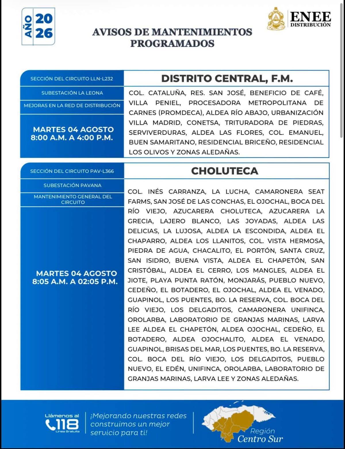 Cortes de energía en Honduras este martes 4 de agosto: lista de zonas afectadas