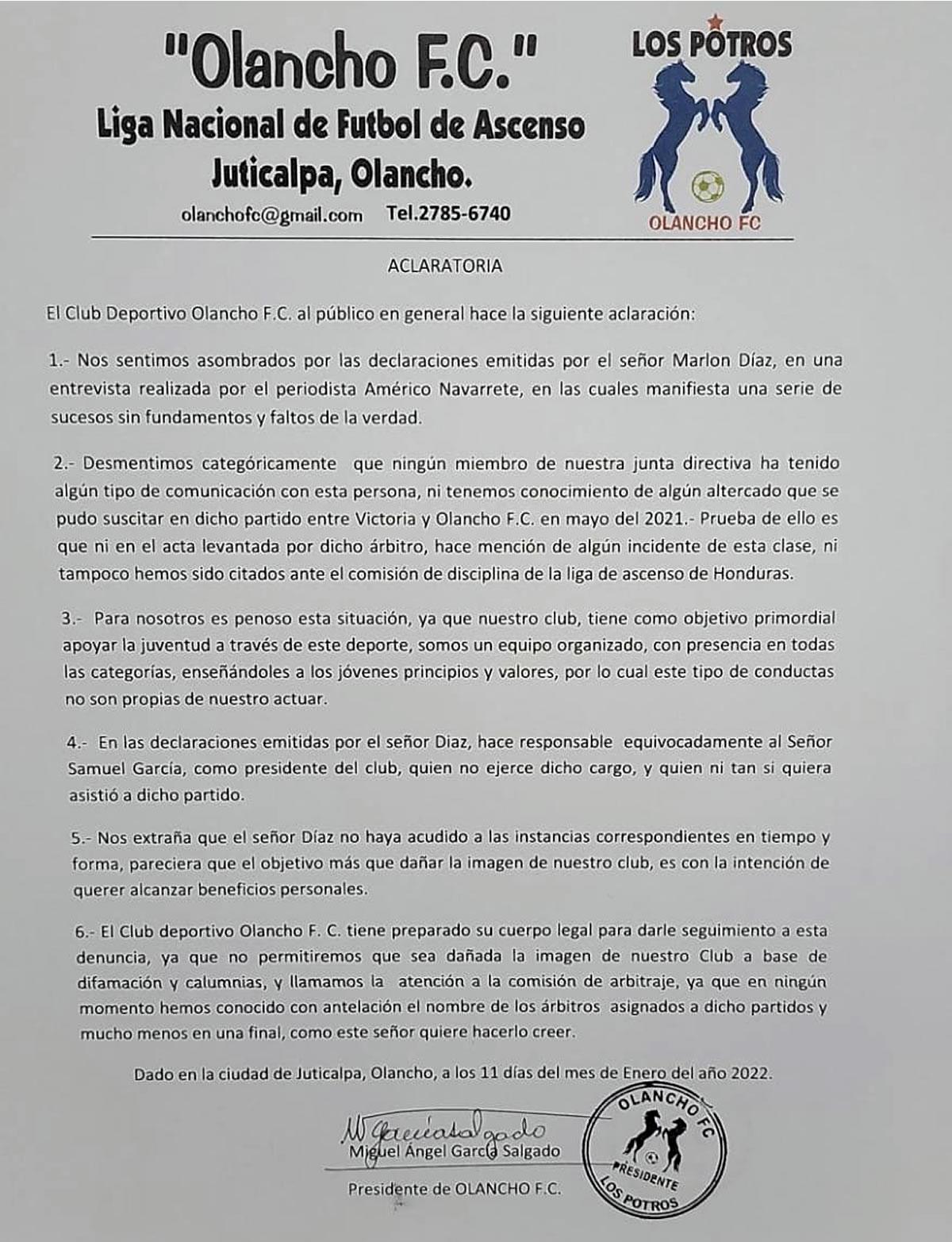 El comunicado que emitió el Olancho FC.
