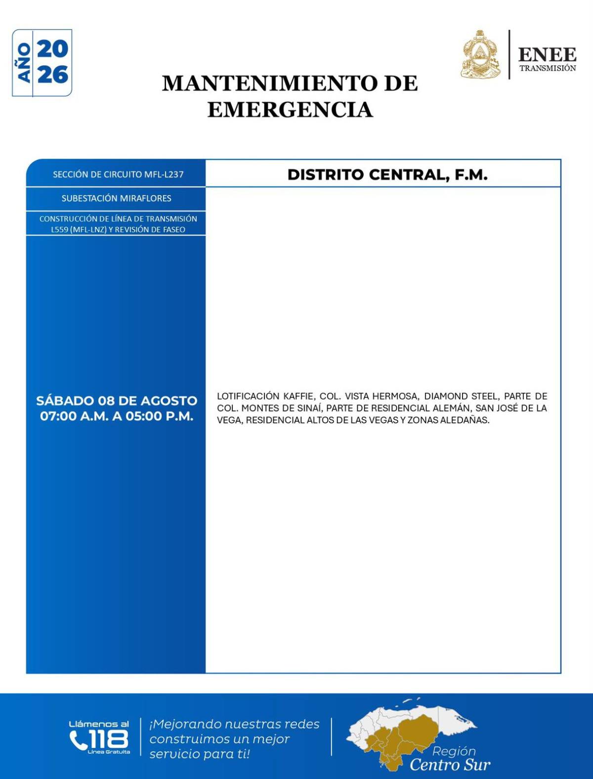 Diez horas sin luz estará esta zona de Honduras este sábado 8 de agosto