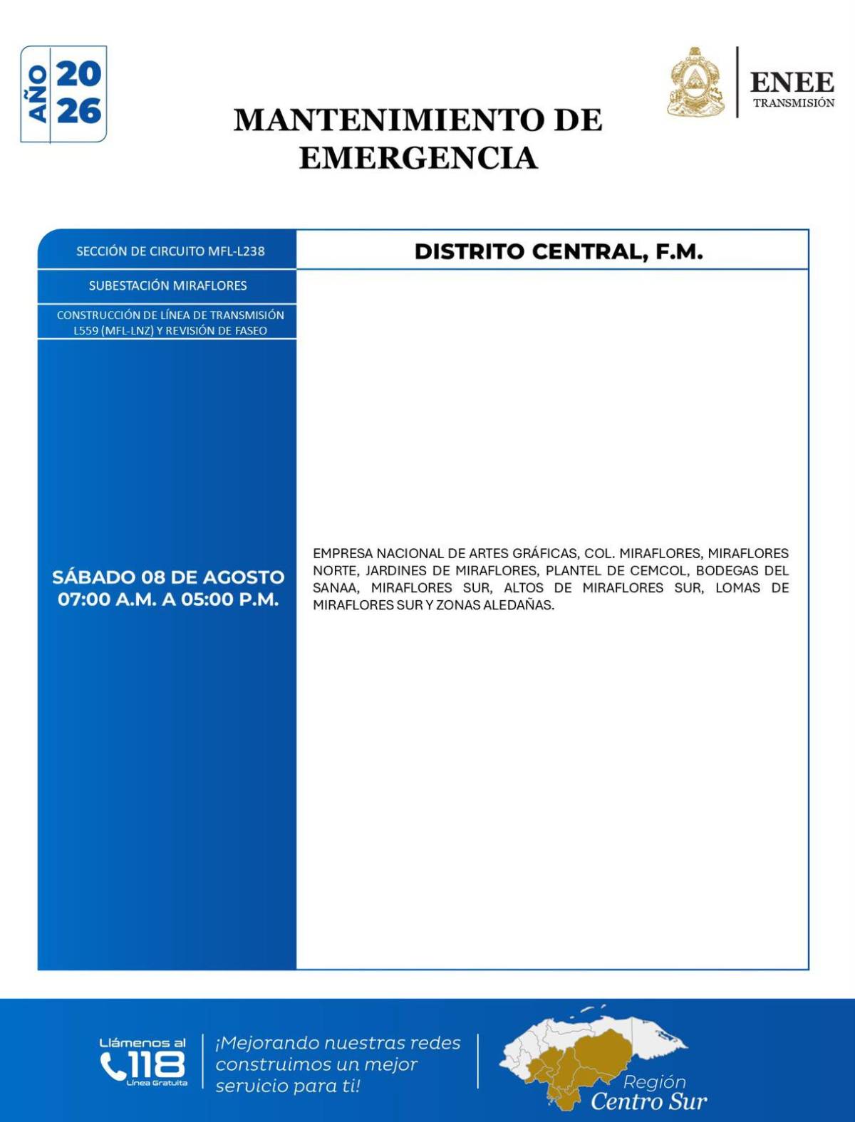 Diez horas sin luz estará esta zona de Honduras este sábado 8 de agosto