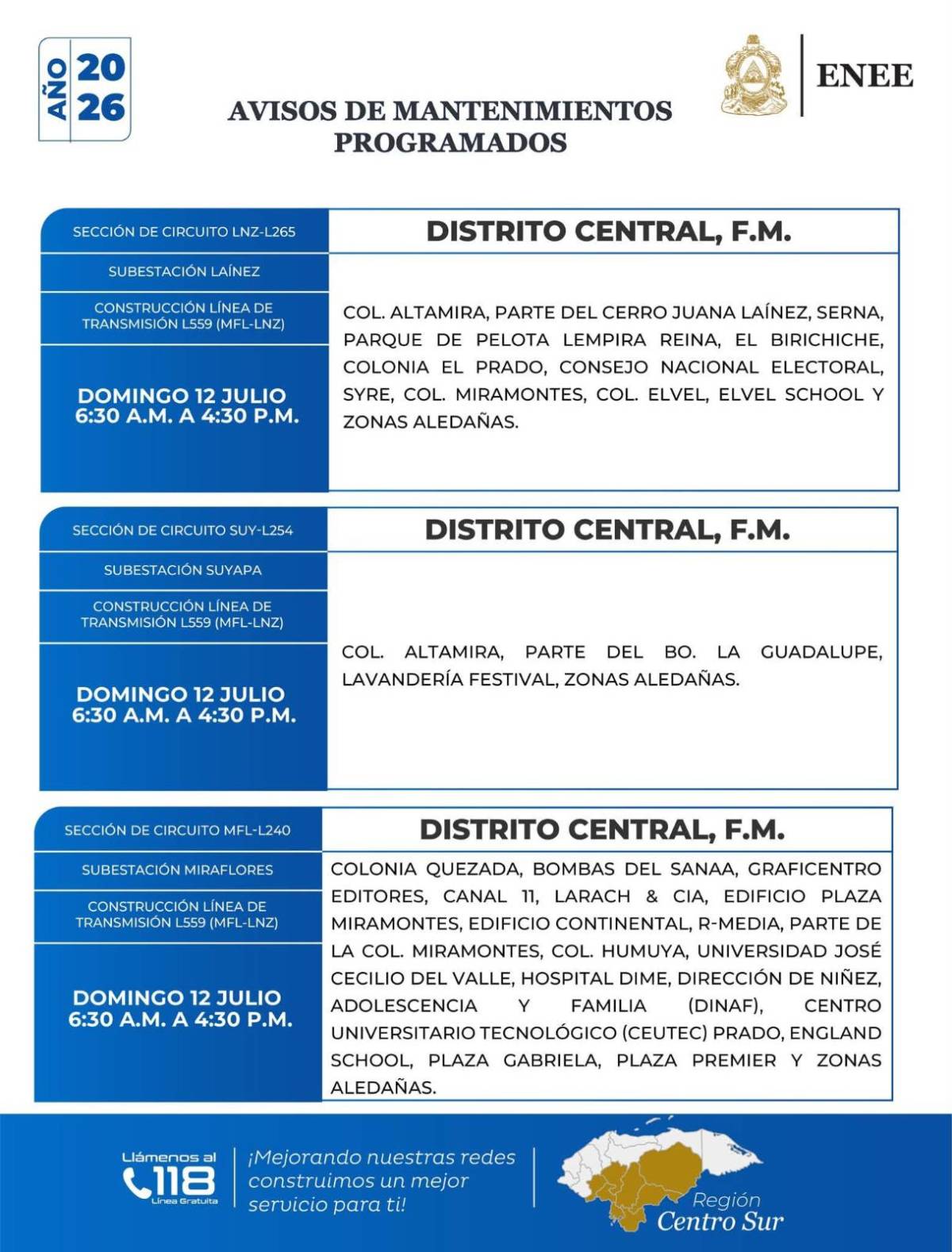 ¿Se irá la energía este fin de semana 11 y 12 de julio? Enee confirma las zonas afectadas en Honduras
