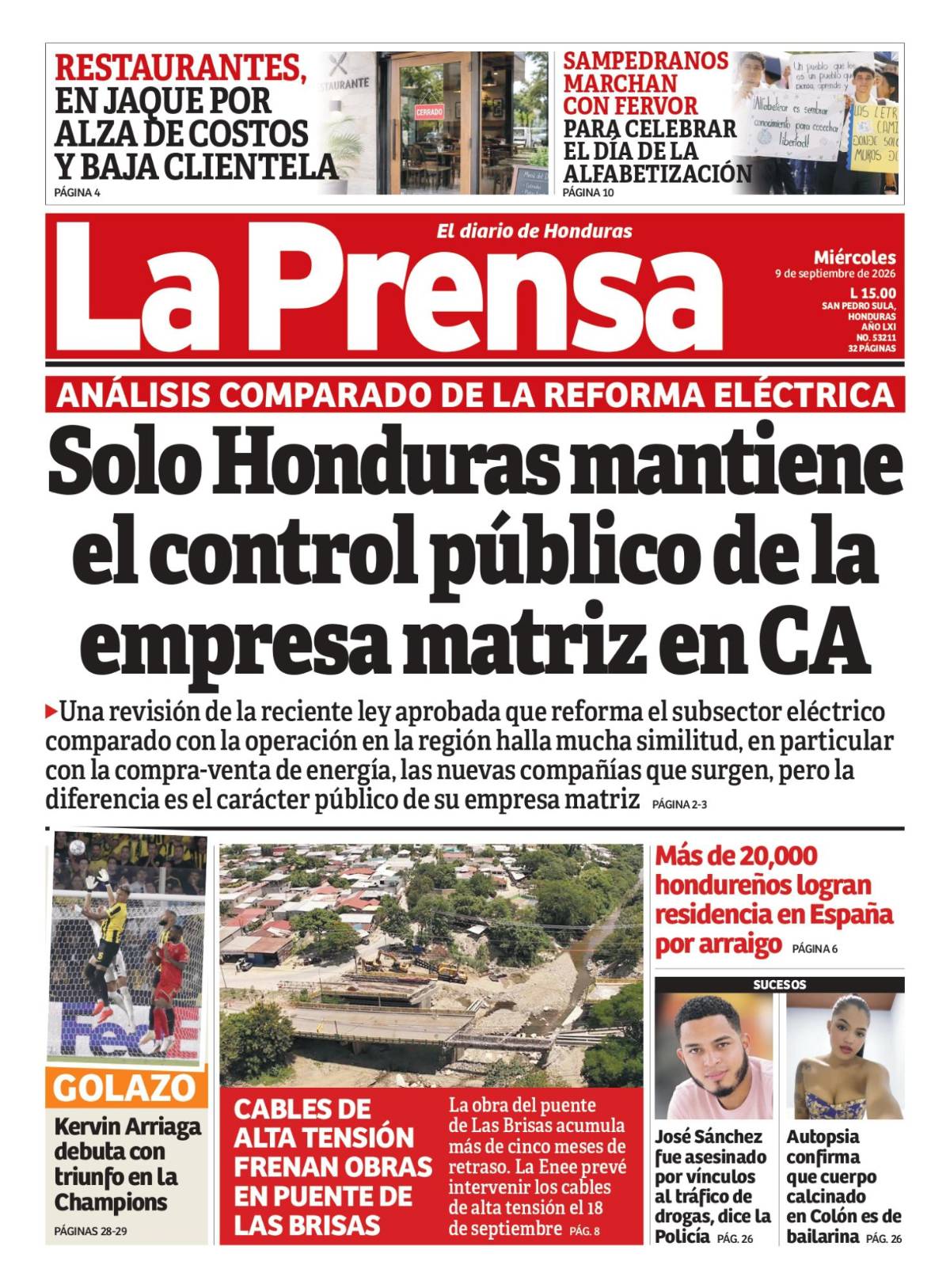 Portada de la edición impresa de Diario LA PRENSA de este miércoles 9 de septiembre de 2026.