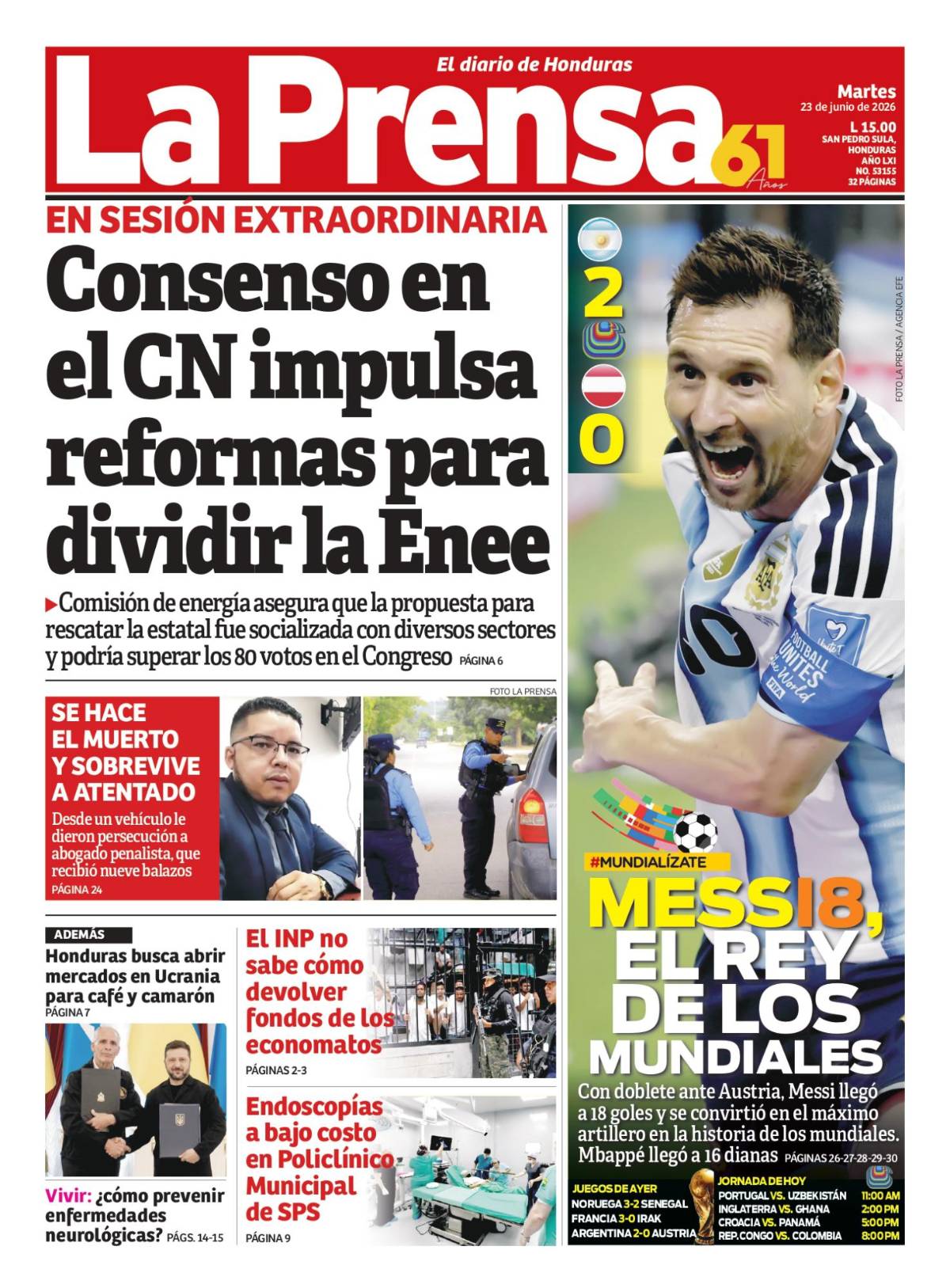 Portada de la edición impresa de este martes 23 de junio de 2026.