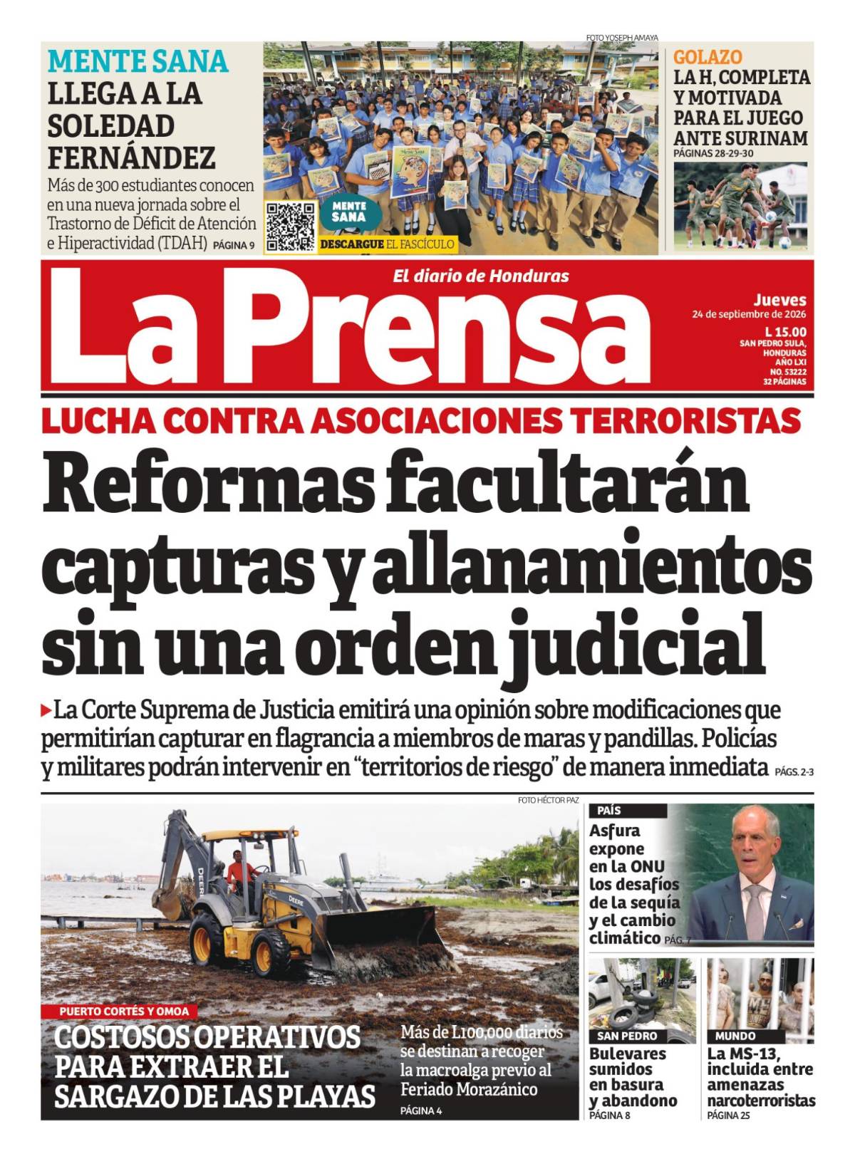Portada de la edición impresa de DIARIO LA PRENSA de este jueves 24 de septiembre de 2026.