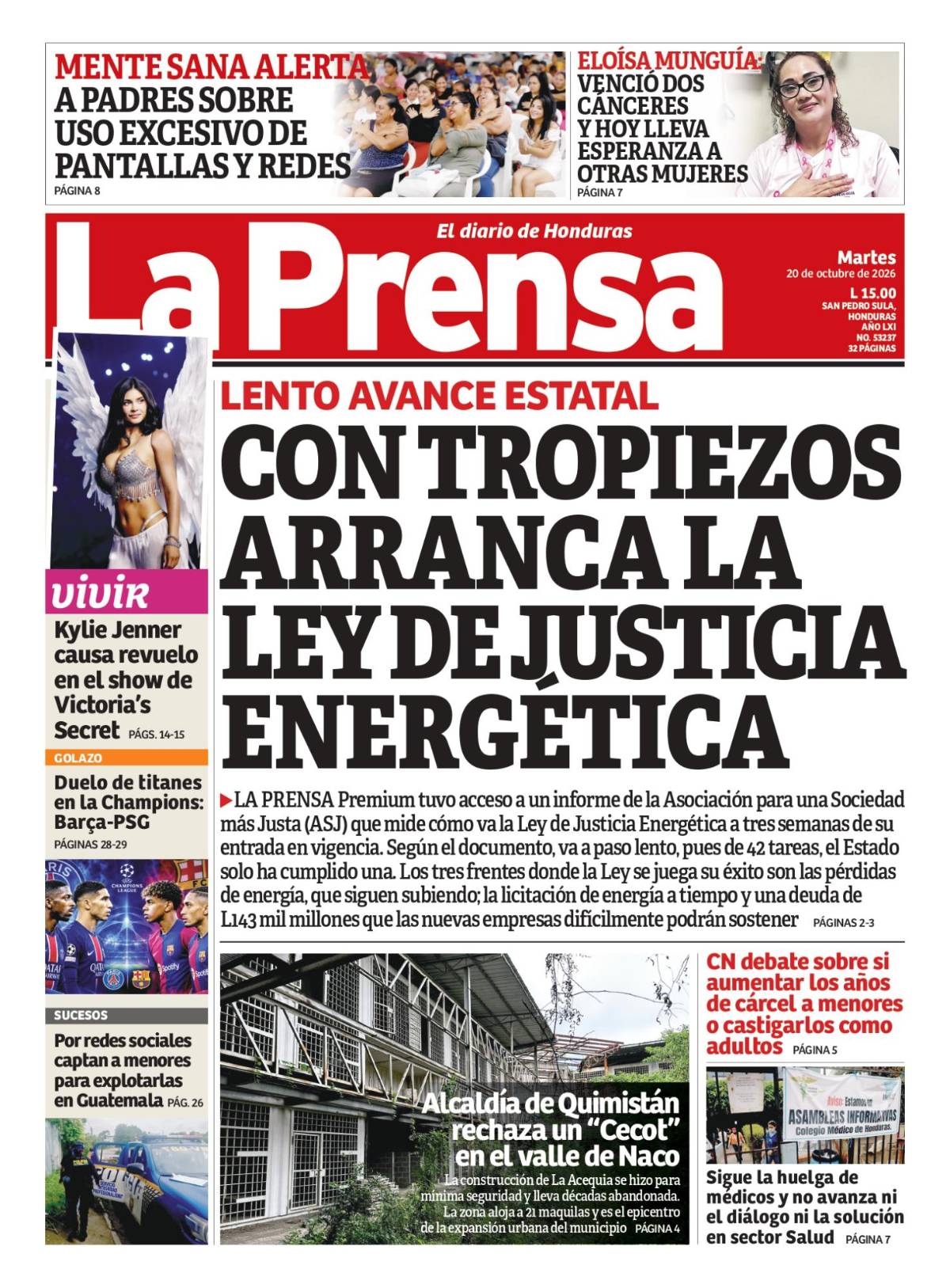 Portada de la edición impresa de este martes 20 de octubre de 2026.