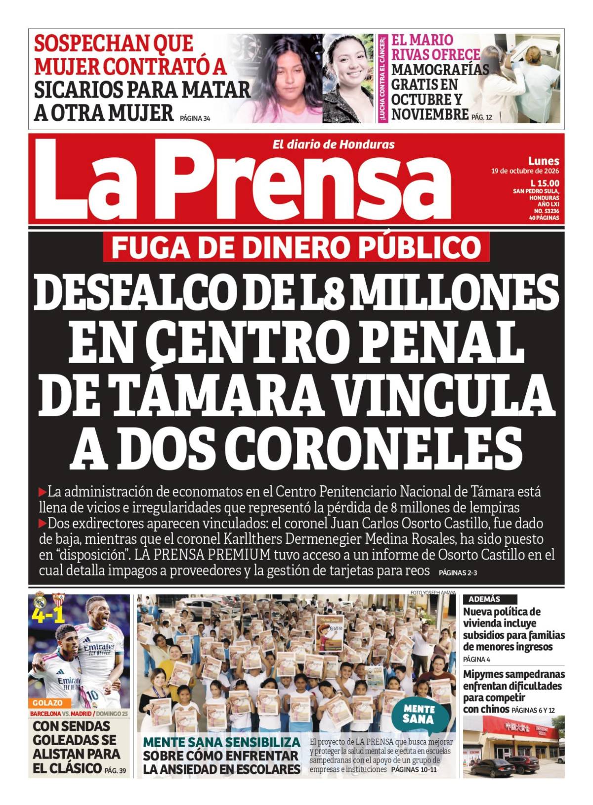 Portada de la edición impresa de DIARIO LA PRENSA de este lunes 19 de octubre de 2026.
