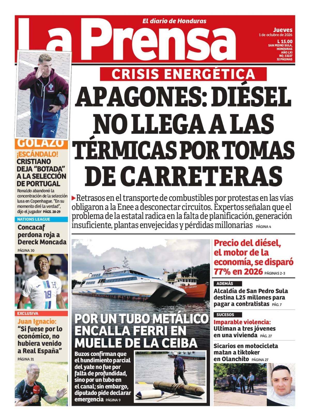 Portada de la edición impresa de este jueves 1 de octubre de 2026.