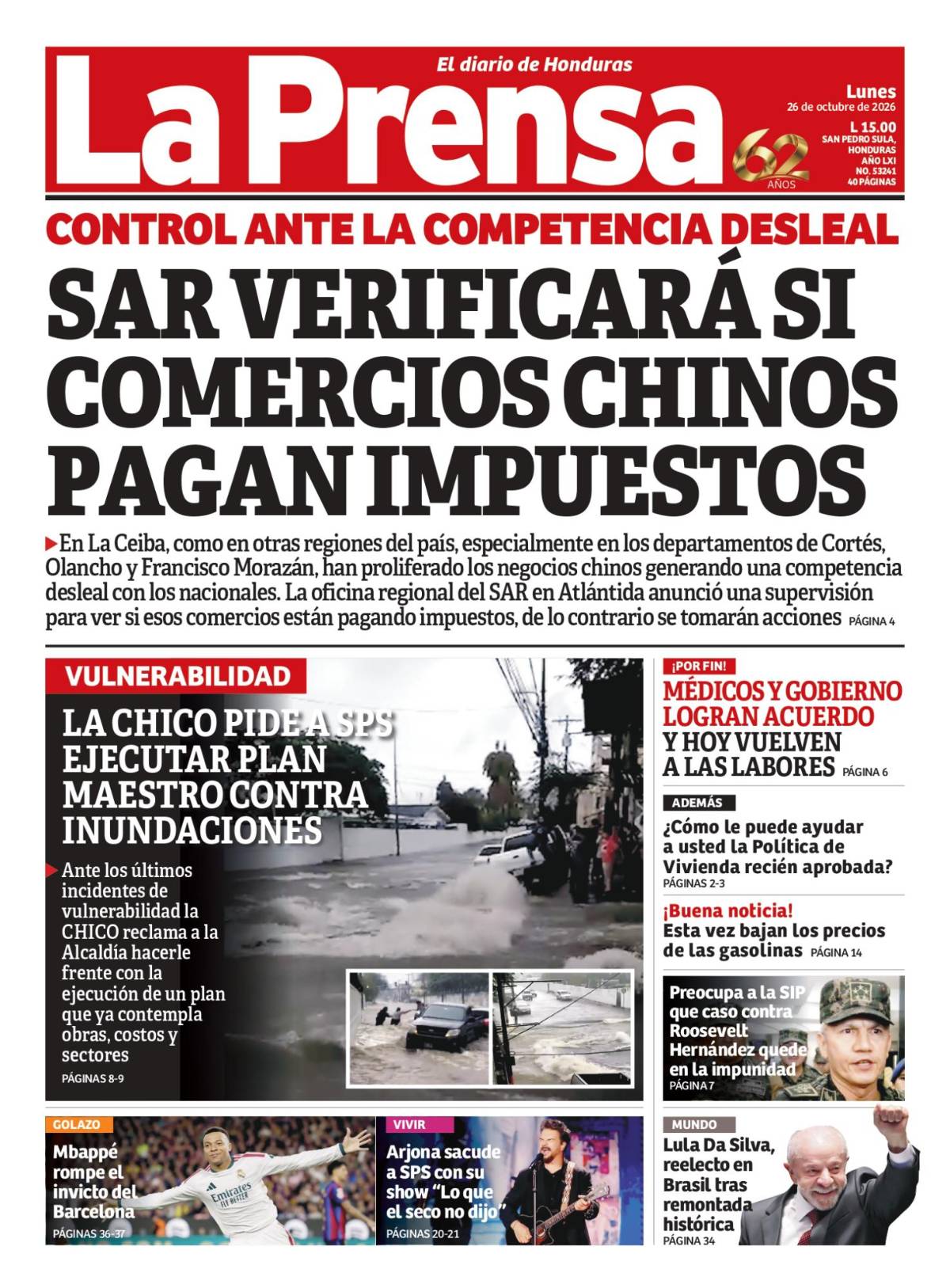 Portada de la edición impresa de DIARIO LA PRENSA del lunes 26 de octubre de 2026.