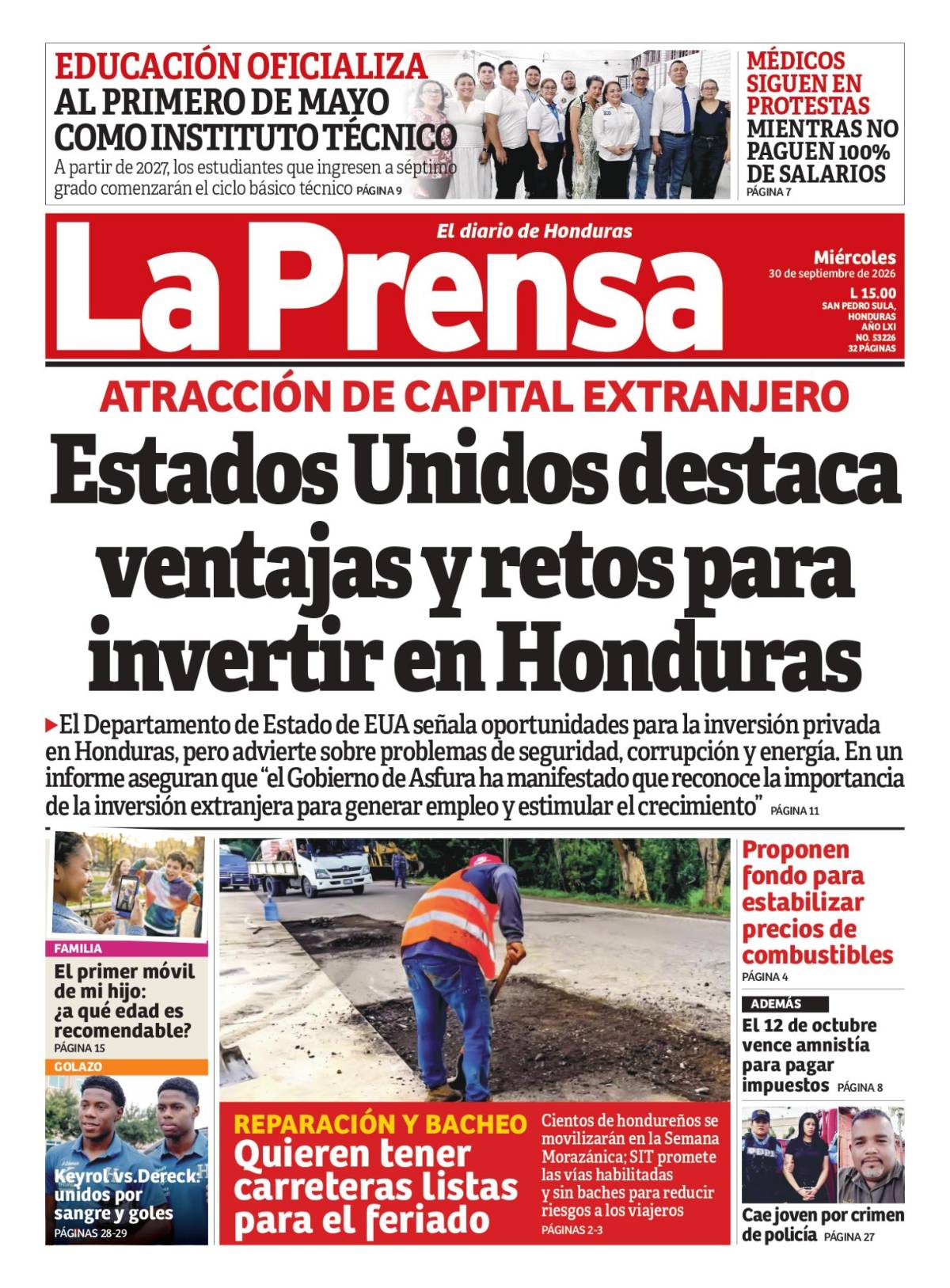 Portada de la edición impresa de este miércoles 30 de septiembre de 2026.