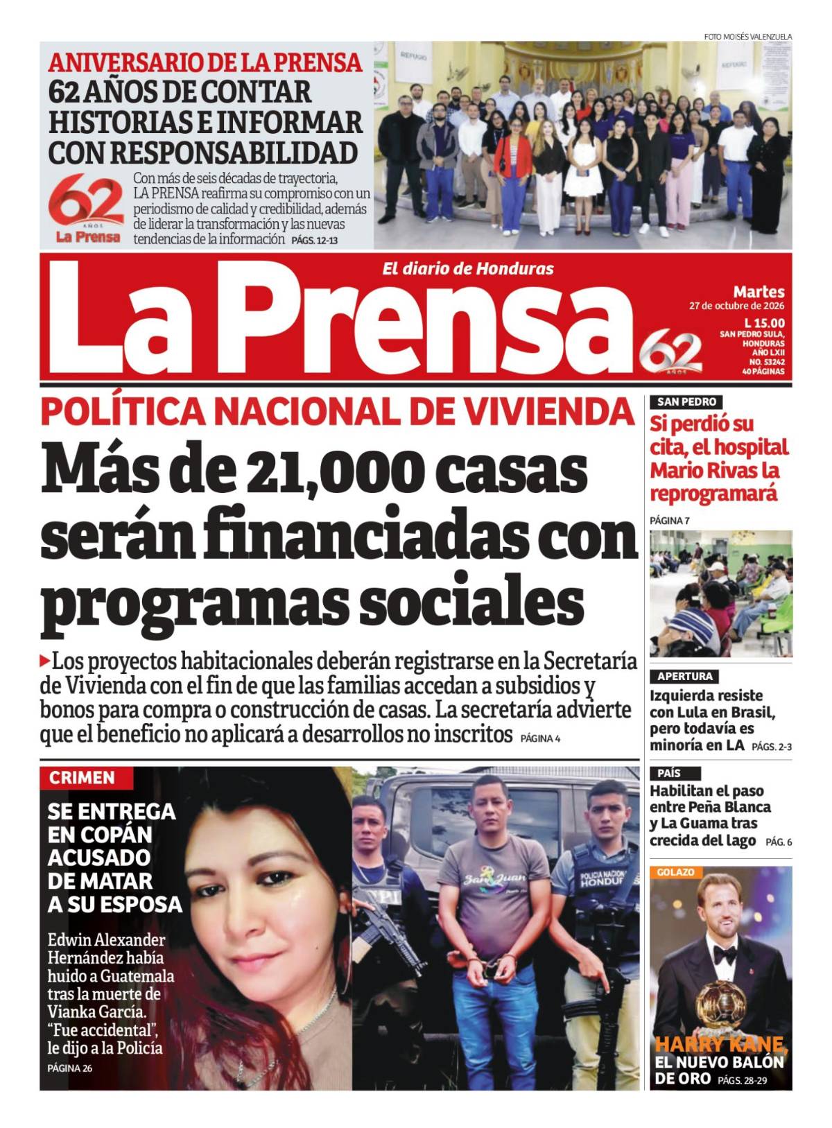 Portada de la edición impresa de este martes 27 de octubre de 2026.