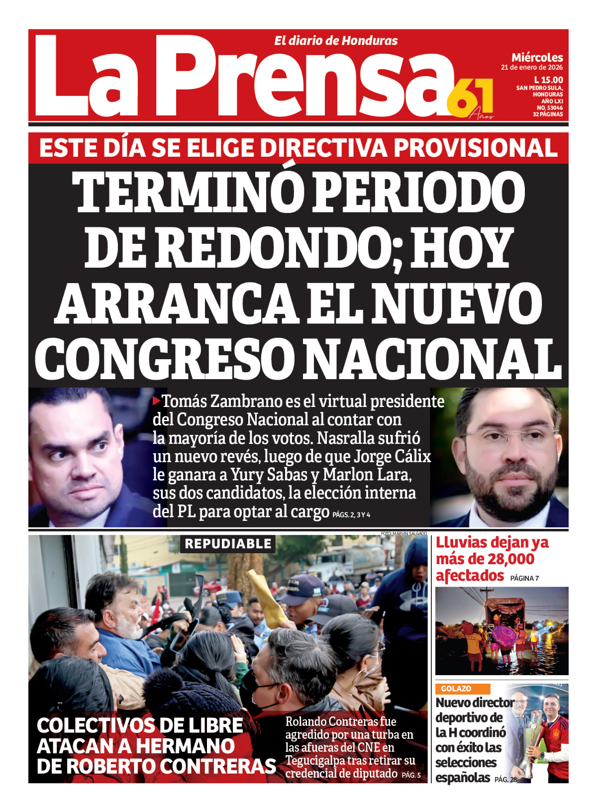 Terminó periodo de Redondo; hoy arranca el nuevo Congreso Nacional