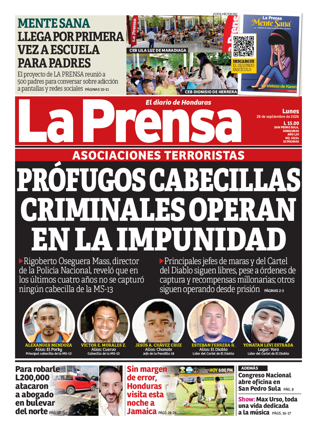 Portada de la edición impresa de DIARIO LA PRENSA de este lunes 28 de septiembre.