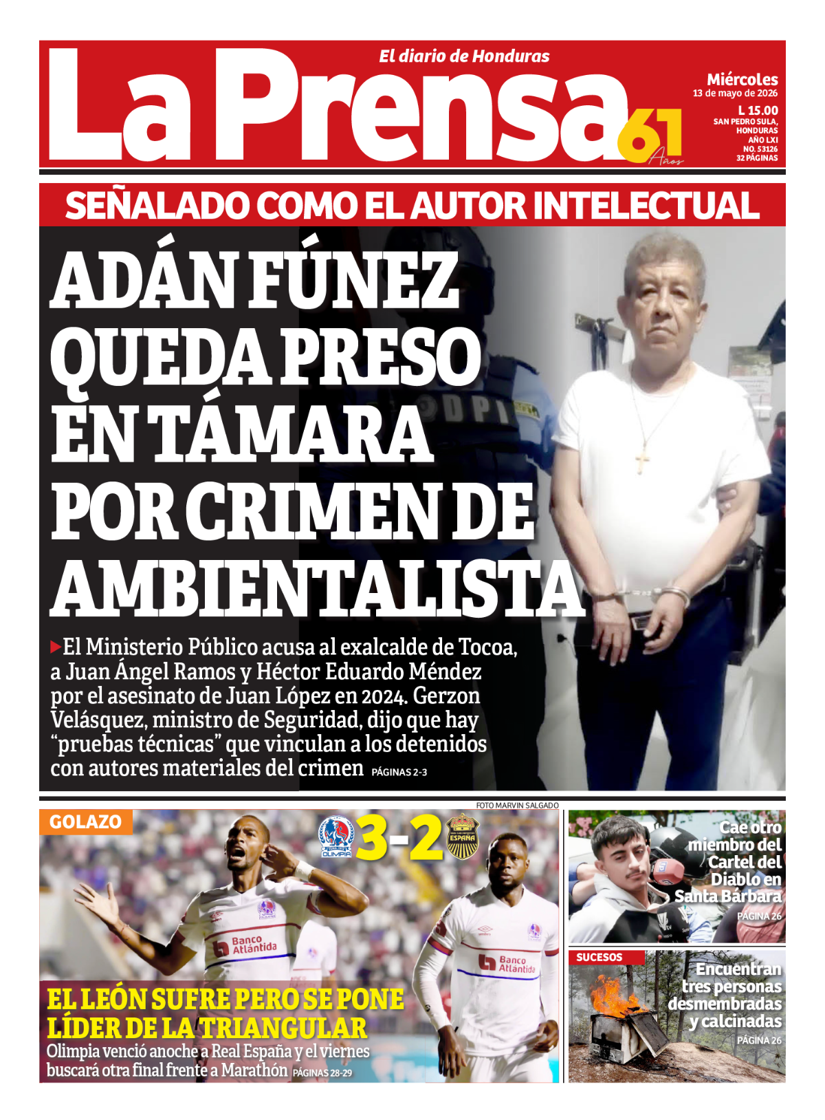Adán Fúnez queda preso en Támara por crimen de ambientalista