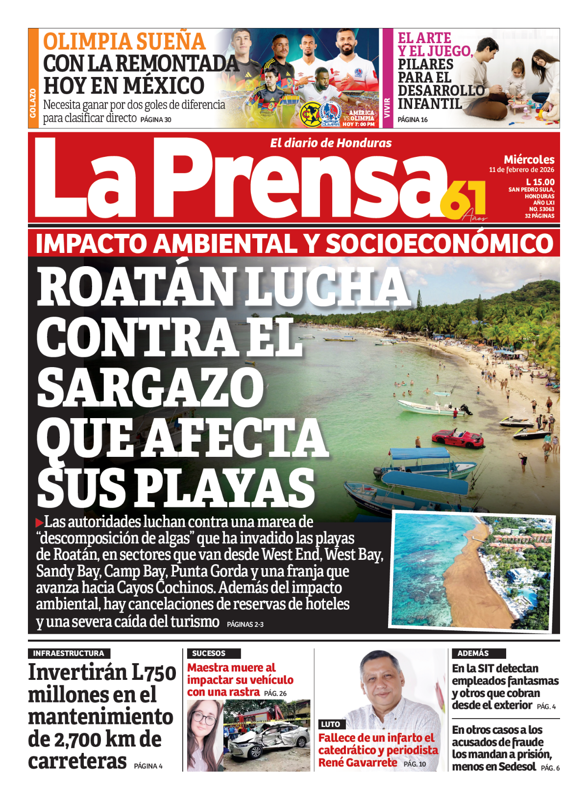 Roatán lucha contra el sargazo que fecta sus playas