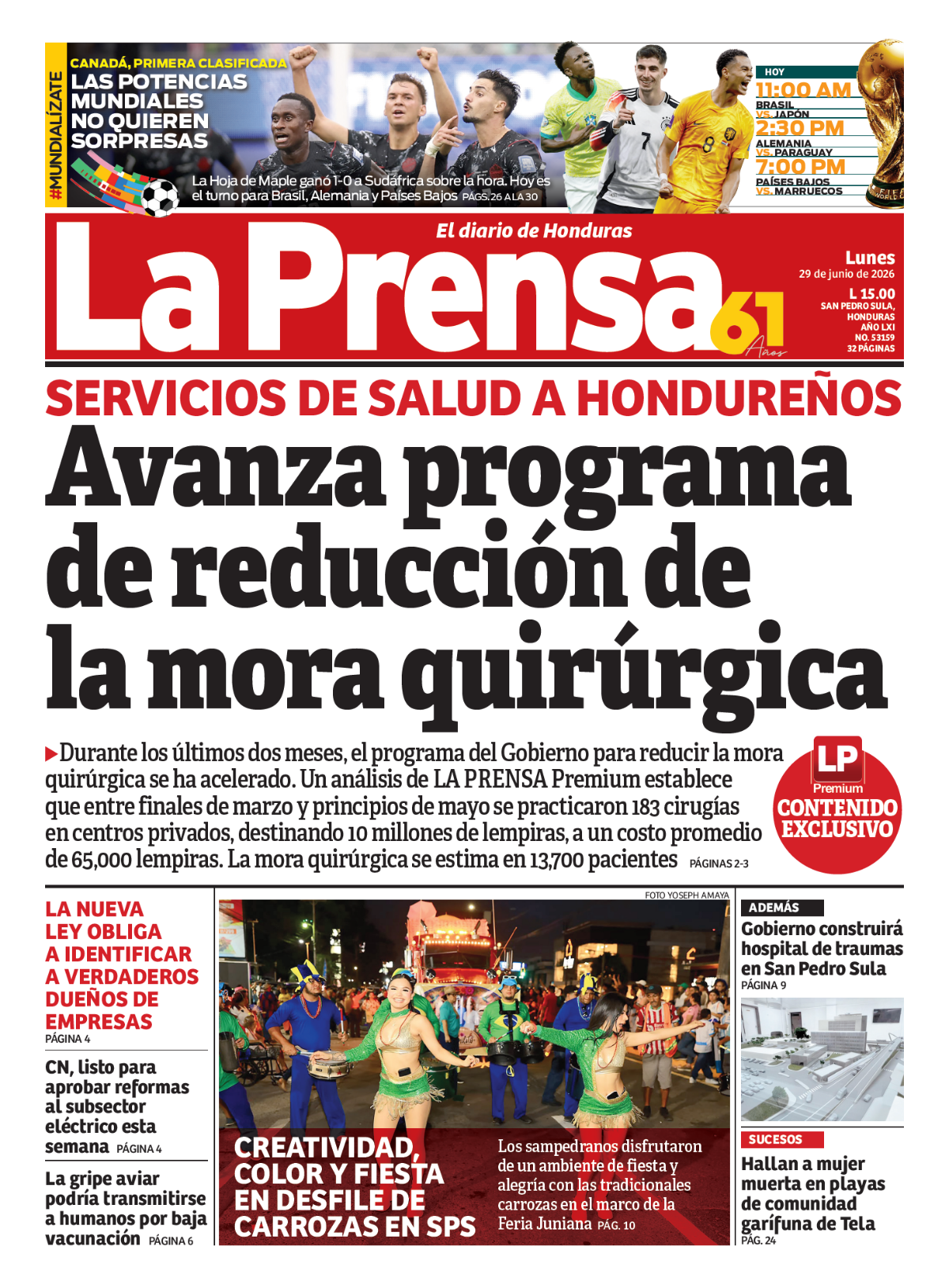 Portada de la edición impresa de DIARIO LA PRENSA de este lunes 29 de junio de 2026.