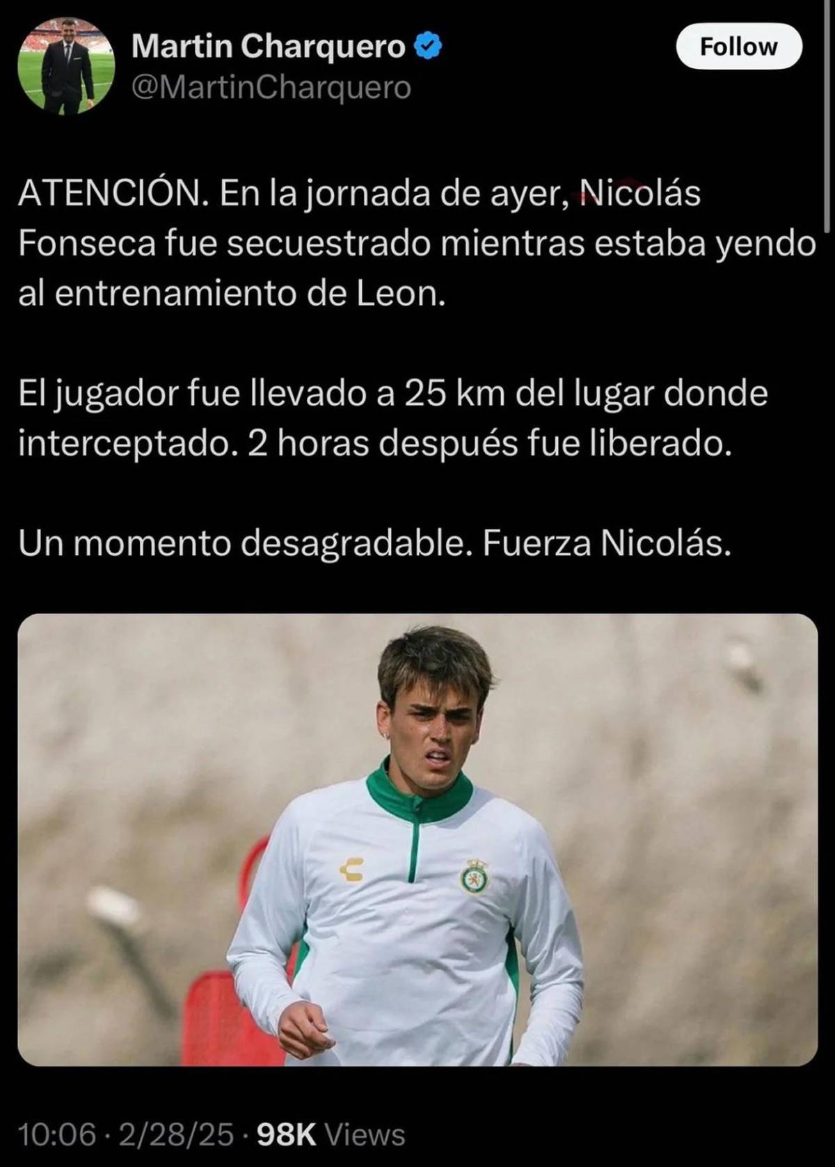 Secuestran a compañero de James Rodríguez cuando iba a entreno del León