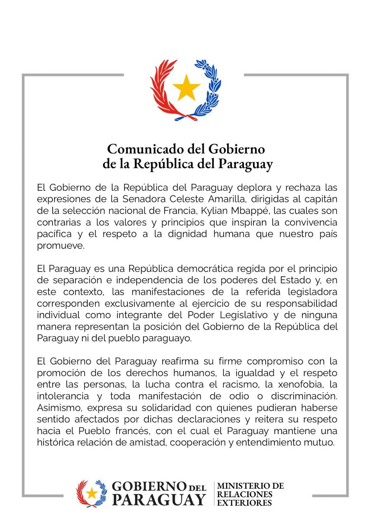 Gobierno de Paraguay con inesperada reacción tras insultos de senadora contra Mbappé