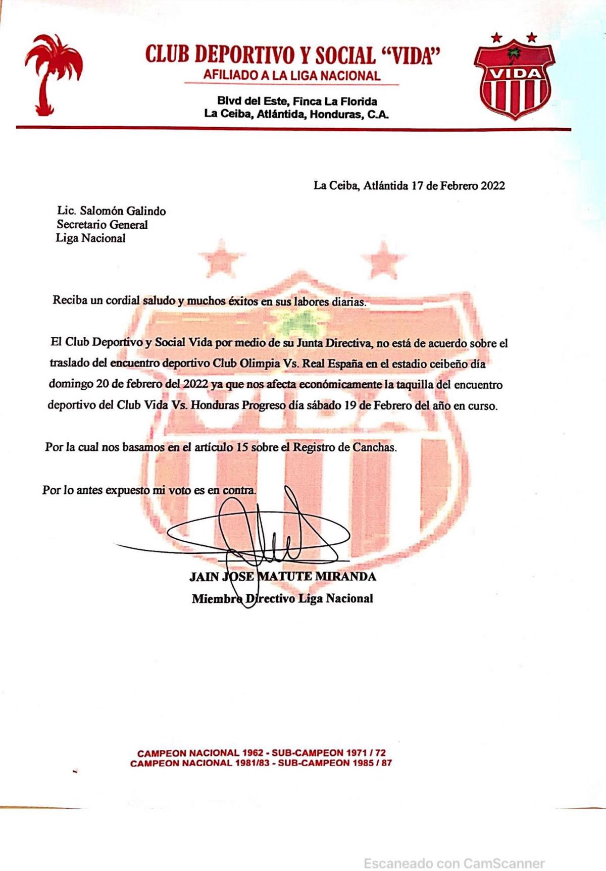 La carta que mandó el Vida a la Liga Nacional.