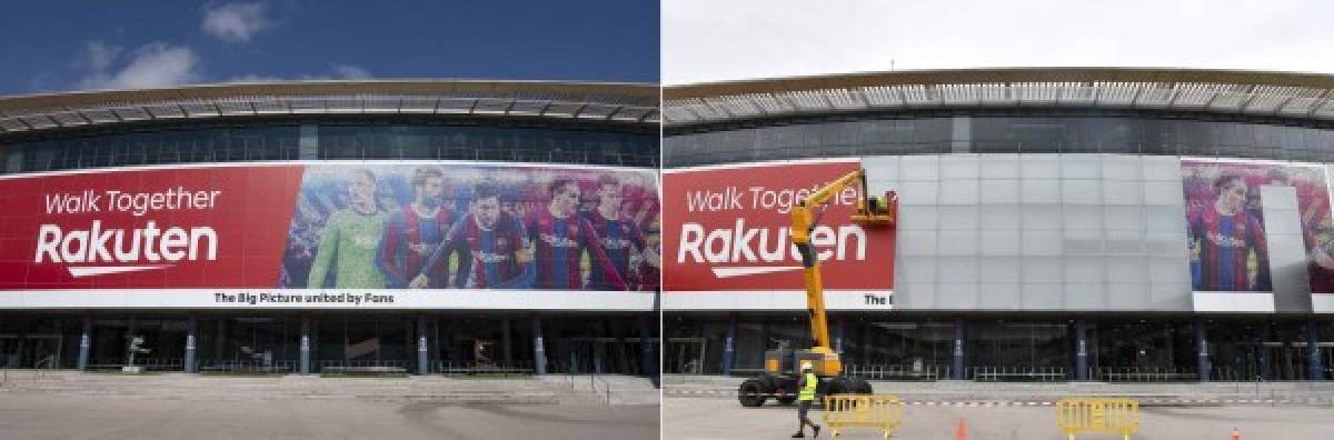 La mayor parte de la fachada del Camp Nou tiene imágenes de Messi. Fotografía: AFP