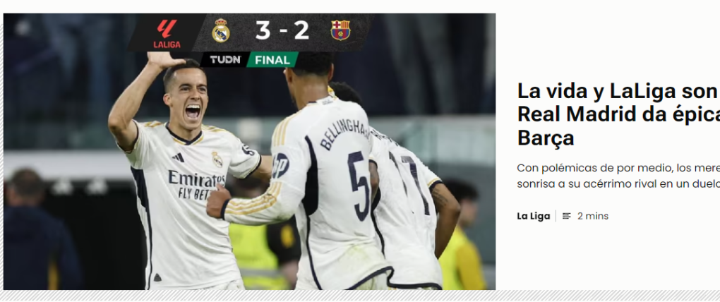 TUDN publica que el Madrid hizo la épica voltereta para vencer al Barcelona y estar muy cerquita del título.