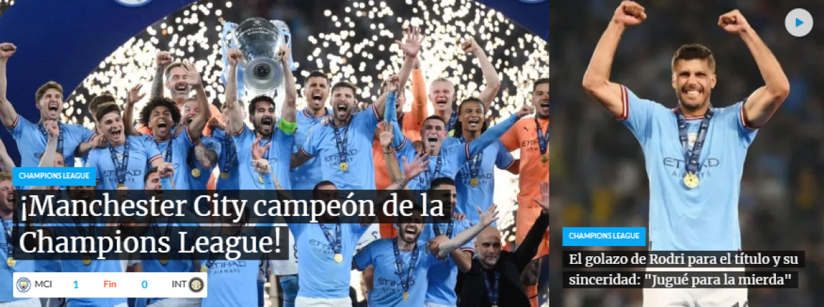 TyC Sports de Argentina: “Manchester City derrotó a Inter y se consagró campeón de la Champions League”