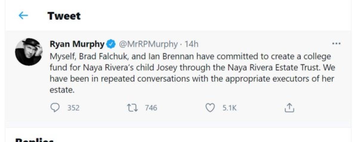 'Tanto yo como Brad Falchuk e Ian Brennan seguimos dispuestos a crear un fondo universitario para el hijo de Naya Rivera, Josey, a través del fideicomiso 'The Naya Rivera Estate Trust'', ha afirmado el director y productor.