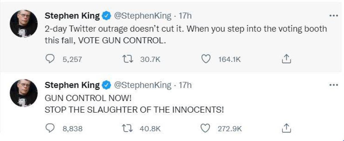 “Control de armas ya. Detengan la matanza de los inocentes”, fue el contundente mensaje que el autor Stephen King envió a través de la misma red social.