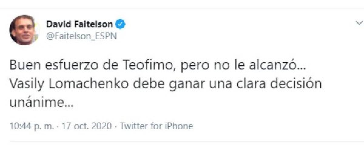 David Faitelson: El polémico periodista mexicano causó revuelo al señalar que Lomachenko debió de haber ganado la pelea y no el hondureño Teófimo López. El comunicador se llevó tremenda sorpresa ya que daba como ganador al europeo.