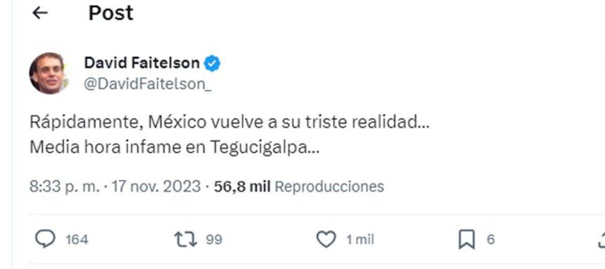 ”Rápidamente, México vuelve a su triste realidad. Media hora infame en Tegucigalpa”, fueron unos de los primeros mensajes de Faitelson sobre el Honduras vs México. 