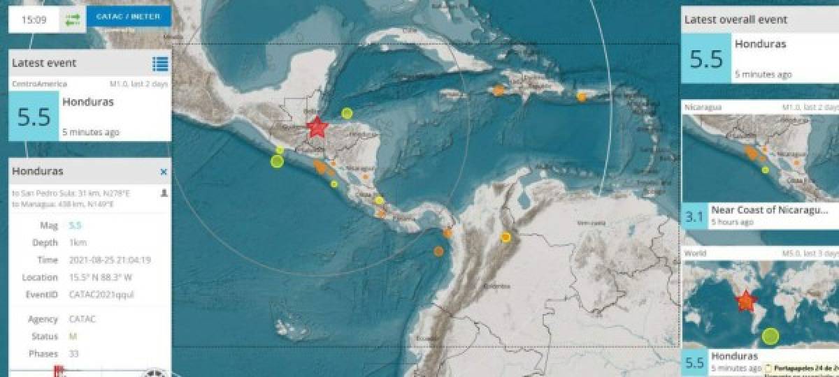 Epicentro del sismo de 5.2 grados en escala de Richter cerca de Puerto Barrios, Guatemala.