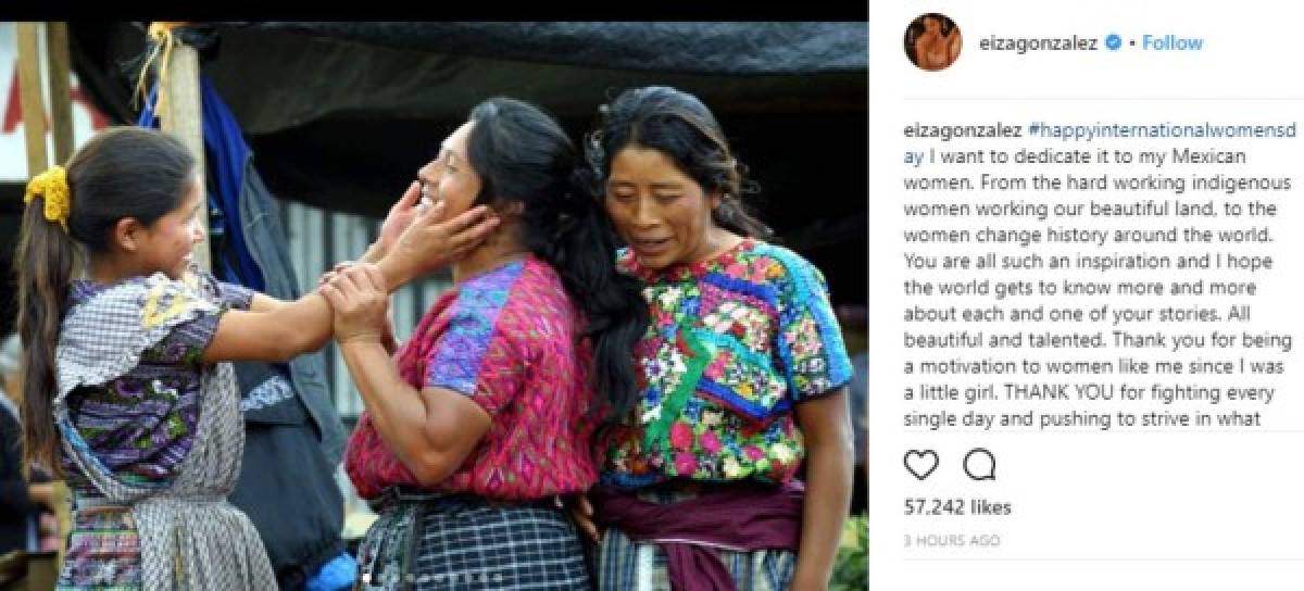 La actriz mexicana Eiza González dejó un imponente mensaje en sus redes. 'Quiero dedicar este día a todas las mujeres mexicanas. Desde las mujeres indígenas que trabajan nuestras tierras y nunca se detienen, hasta las mujeres que están cambiando la historia del mundo. Gracias por ser una inspiración para el resto de nosotras. Gracias por luchar diario y exigirse más. Por ser dignas representantes de nuestro país. Yo no estaría donde estoy sin mujeres que me motivan tanto como ustedes . Gracias por tanto. Las admiro profundamente'.