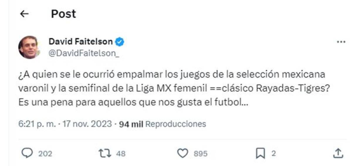 Faitelson también lamentó que Tigres y Monterrey Femenil se dispute a la misma hora del Honduras vs México.