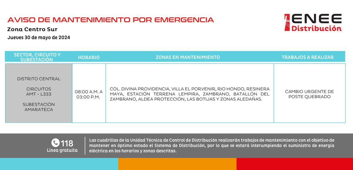 Listado de sectores del Distrito Central que estarán sin luz este jueves 30 de mayo en Honduras
