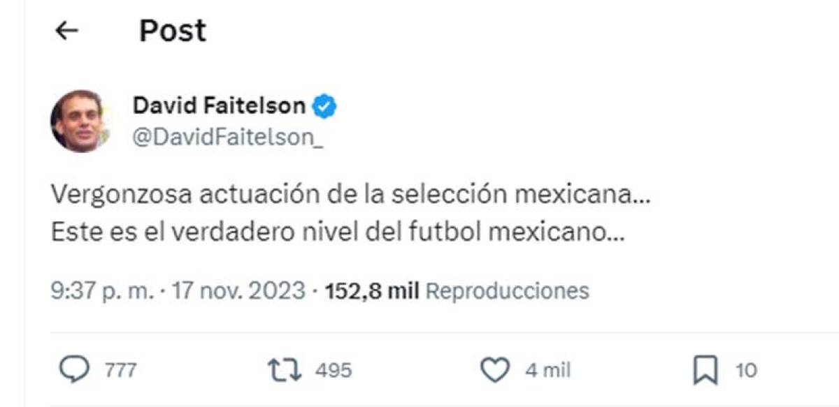 Faitelson calificó como vergonzosa la actuación de México en Tegucigalpa. 