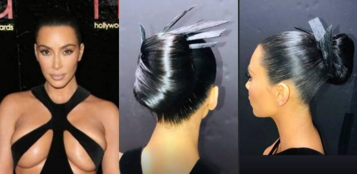 Appleton peinó a Kim para el evento, quien lució un moño nítido con algunos detalles que sobresalían de este, más tarde el estilista explicó que fueron hechos con cabello real.