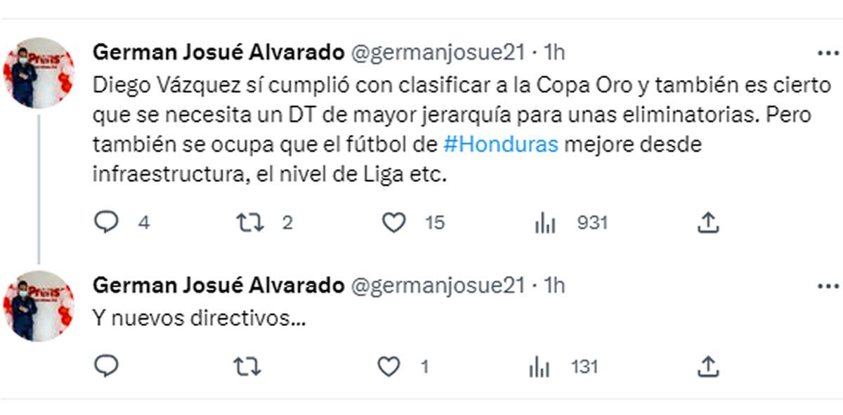 Germán Álvarado, de Diario La Prensa: “Diego Vázquez sí cumplió con clasificar a la Copa Oro y también es cierto que se necesita un DT de mayor jerarquía para unas eliminatorias. Pero también se ocupa que el fútbol de Honduras mejore desde infraestructura, el nivel de Liga etc”.