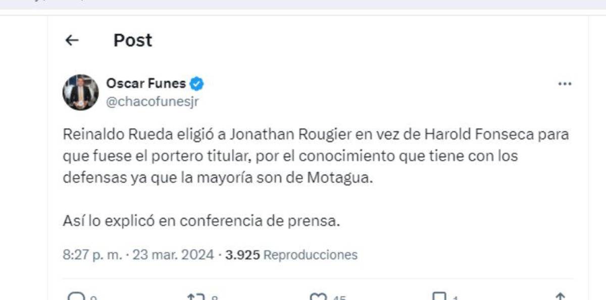 Chaco Fúnes también explicó lo expresado por Reinaldo Rueda sobre Jonathan Rougier.